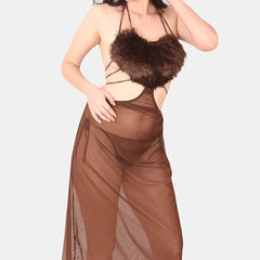 Be You Self Design Fur Detail Halter Neck Baby Doll & Briefs