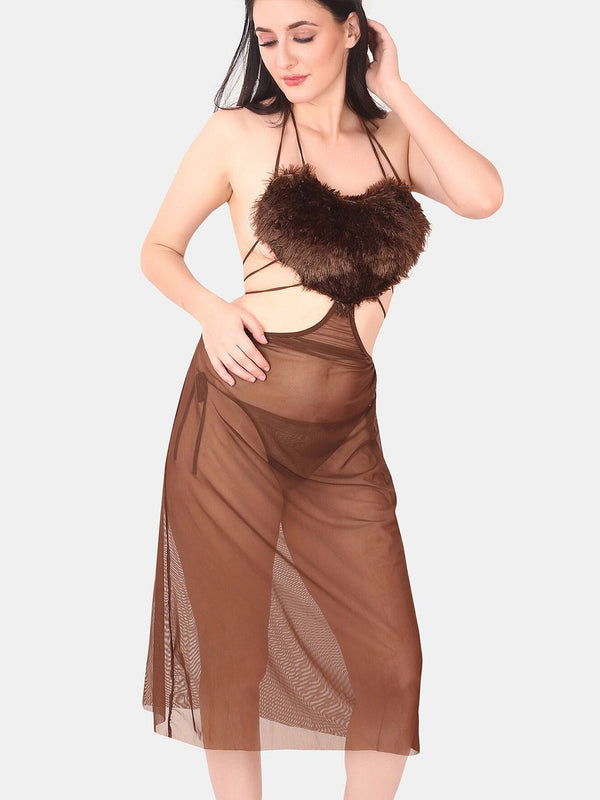 Be You Self Design Fur Detail Halter Neck Baby Doll & Briefs