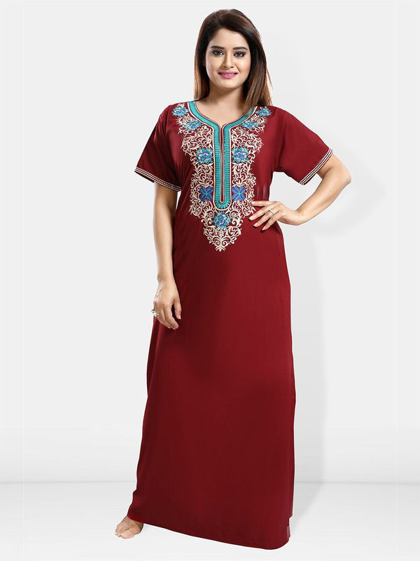 Be You Ethnic Motifs Embroidered Maxi Nightdress