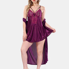 Be You Solid Lace Details Satin Nighty with Robe