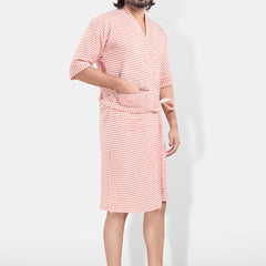 Be You Peach Striped Cotton Drawstring Knee Length Bath Robe-3XL