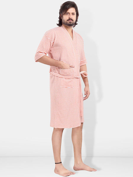 Be You Peach Striped Cotton Drawstring Knee Length Bath Robe-3XL