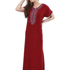 Be You Maroon Embroidered Maxi Nightdress