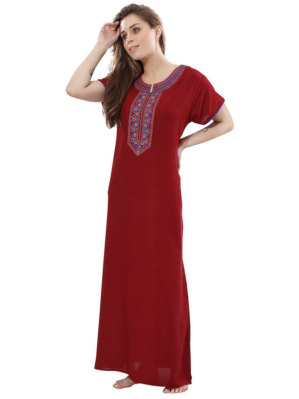 Be You Maroon Embroidered Maxi Nightdress