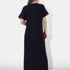 Be You Women Navy Blue Embroidered Maxi Nightdress