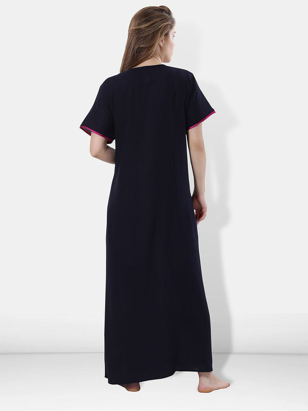 Be You Women Navy Blue Embroidered Maxi Nightdress
