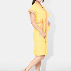 Be You Two-Tone Yellow Solid Cotton Drawstring Knee Length Bath Robe-L/XL