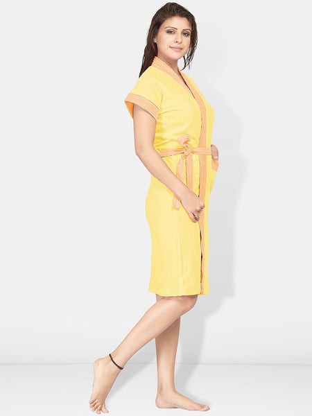 Be You Two-Tone Yellow Solid Cotton Drawstring Knee Length Bath Robe-L/XL
