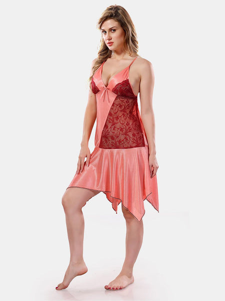 Be You Solid Lace Details Satin Nighty with Robe