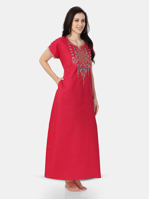 Be You Ethnic Motifs Embroidered Maxi Nightdress