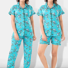 Be You Women Turquoise Blue & Green Printed Pajama & Shorts with Shirt Night Suits