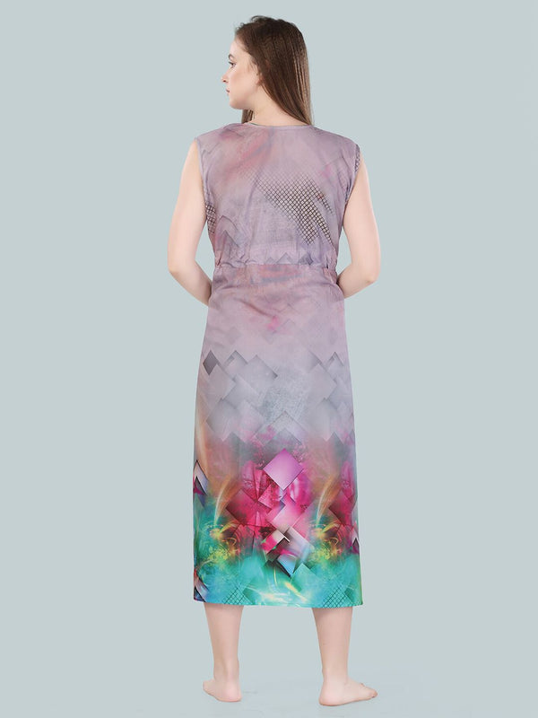 Be You Women Grey & Green Printed Nightdress
