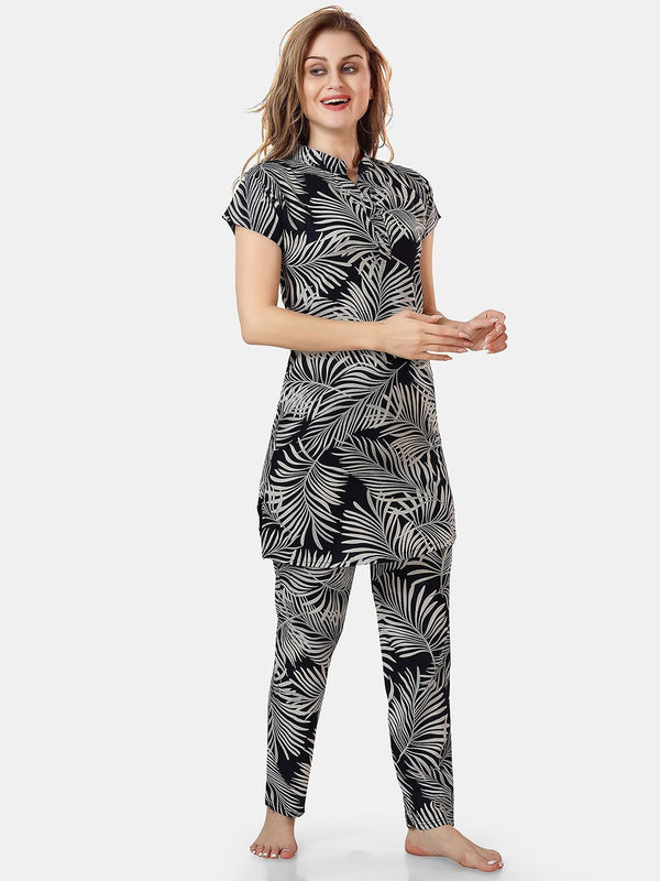 Be You Tropical Printed Mandarin Collar Longline Night Suit