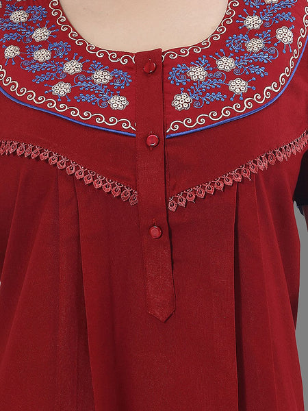 Be You Women Maroon Embroidered Maxi Nightdress