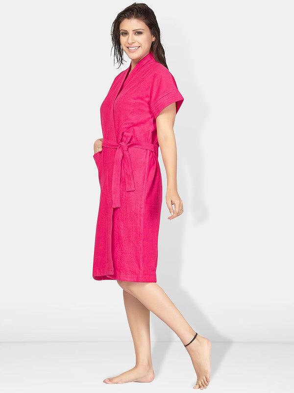 Be You Pink Solid Cotton Drawstring Knee Length Bath Robe-L/XL