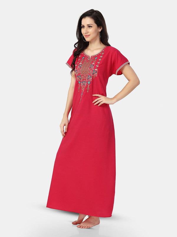Be You Ethnic Motifs Embroidered Maxi Nightdress