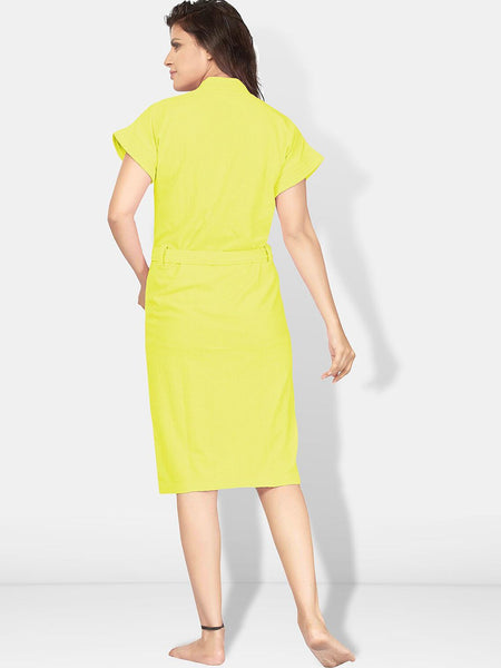Be You Yellow Solid Cotton Drawstring Knee Length Bath Robe-L/XL
