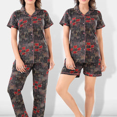 Be You Women Black & Red Printed Pajama & Shorts with Shirt Night Suits