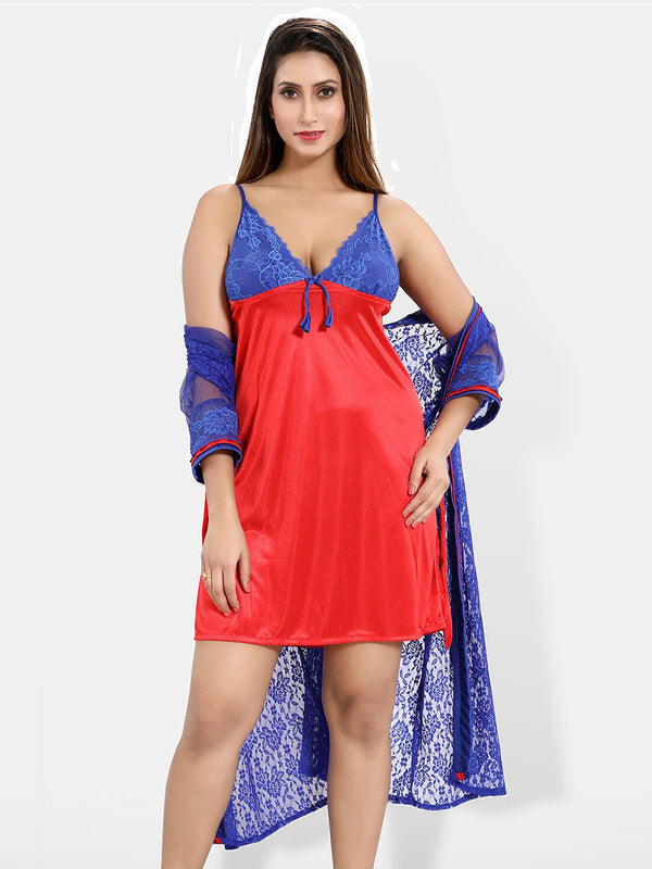 Be You Floral Lace Shoulder Straps Satin Nightdress With Robe