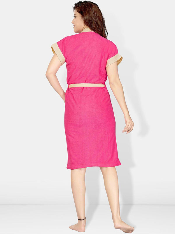 Be You Pink Solid Cotton Drawstring Knee Length Bath Robe-L/XL