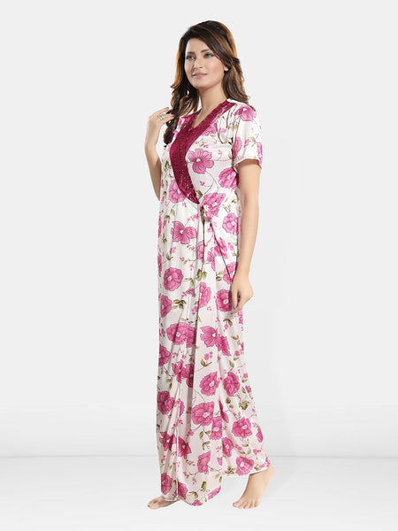 Be You Floral Self Design Satin Cami With Skirt & Robe