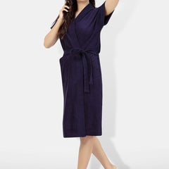 Be You Navy Blue Solid Cotton Drawstring Knee Length Bath Robe