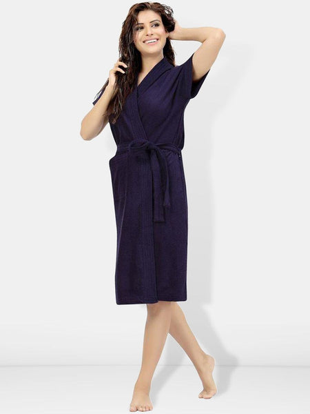 Be You Navy Blue Solid Cotton Drawstring Knee Length Bath Robe