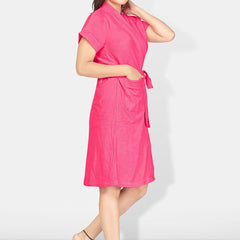 Be You Pink Solid Cotton Drawstring Knee Length Bath Robe-L/XL