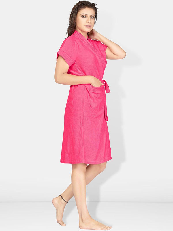 Be You Pink Solid Cotton Drawstring Knee Length Bath Robe-L/XL