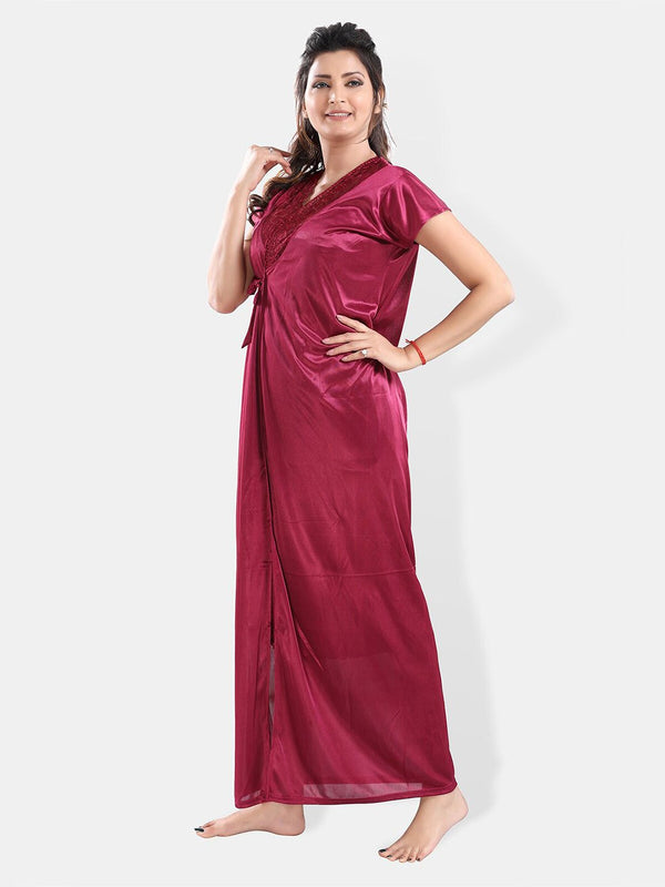 Be You V-Neck Satin Lace Night Suit With Robe