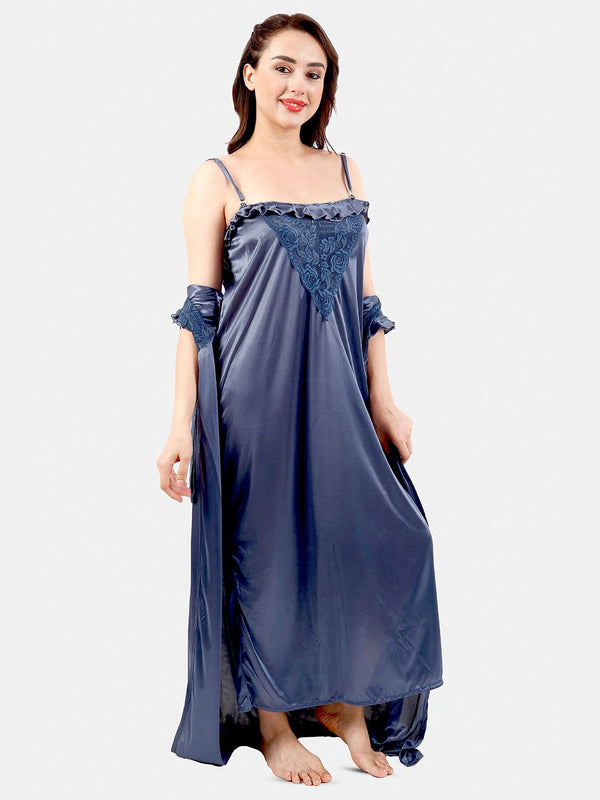 Be You Floral Lace Shoulder Straps Satin Maxi Nightdress With Robe