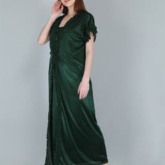 Be You Women Green Solid Satin Maxi Nightdress With Robe