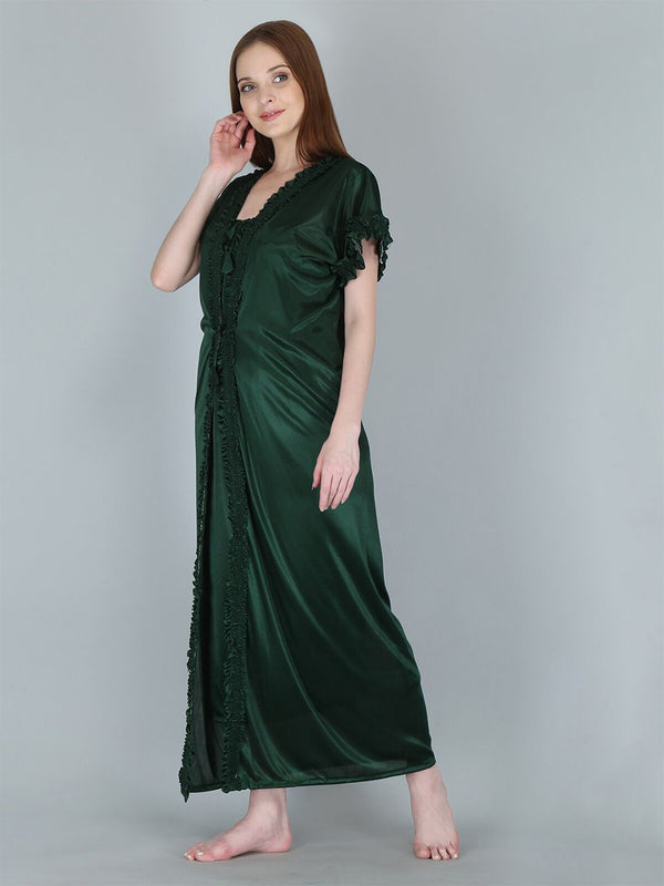 Be You Women Green Solid Satin Maxi Nightdress With Robe