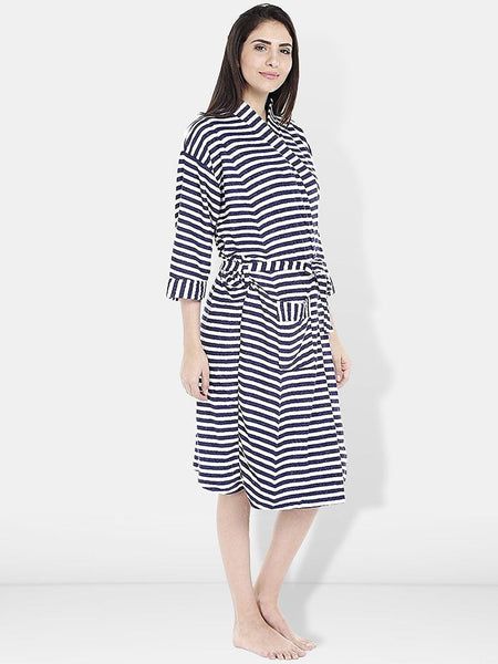 Be You Blue Striped Cotton Drawstring Knee Length Bath Robe-2XL