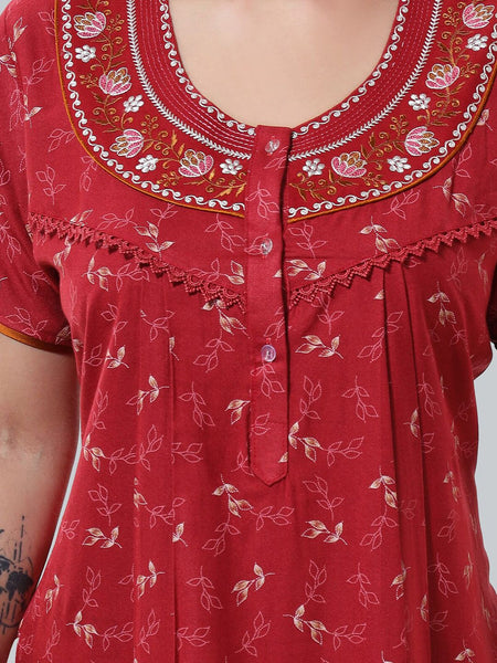 Be You Maroon Embroidered Maxi Nightdress