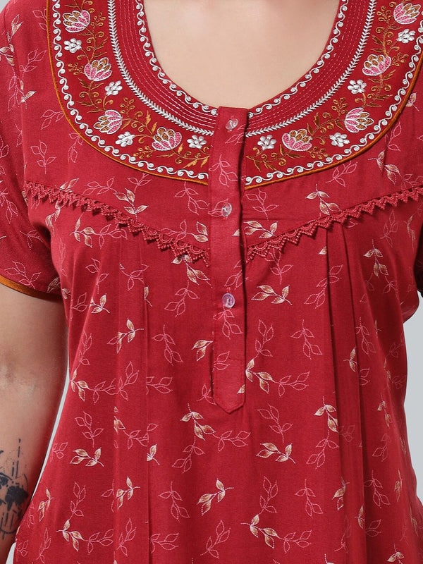 Be You Maroon Embroidered Maxi Nightdress