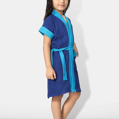 Be You Two-Tone Blue Solid Cotton Drawstring Knee Length Bath Robe