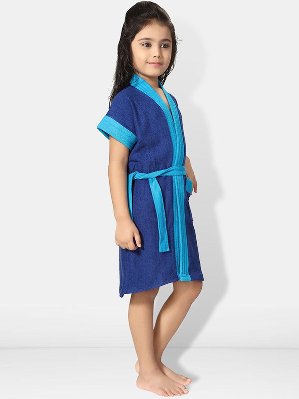 Be You Two-Tone Blue Solid Cotton Drawstring Knee Length Bath Robe