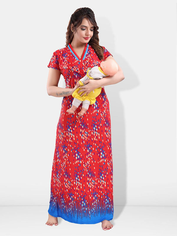 Be You Polka Dots Printed Satin Maxi Feeding & Maternity Nightdress