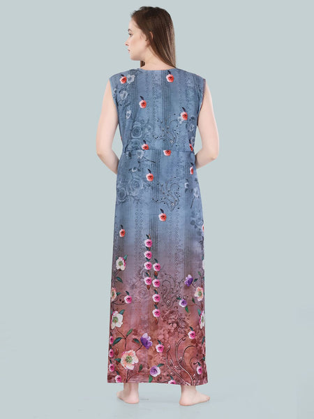 Be You Women Grey Floral Printed Maxi Nightdress