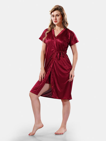 Be You Solid Lace Details Satin Nighty with Robe