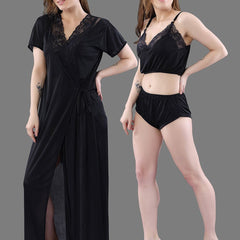 Be You  Women Black Solid Satin 3 Piece Nightwear Set