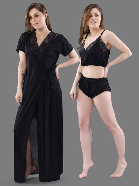 Be You  Women Black Solid Satin 3 Piece Nightwear Set