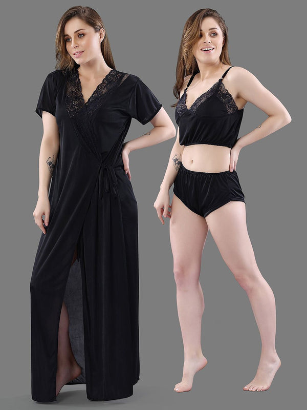 Be You  Women Black Solid Satin 3 Piece Nightwear Set