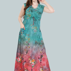 Be You Women Turquoise Blue Printed Maxi Nightdress BUF-GOWN-2361