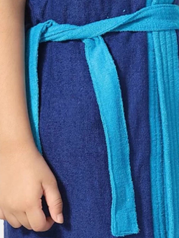 Be You Two-Tone Blue Solid Cotton Drawstring Knee Length Bath Robe