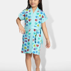 Be You Hearts Blue Conversational Cotton Drawstring Knee Length Bath Robe