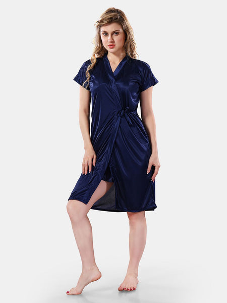 Be You Solid Lace Details Satin Nighty with Robe