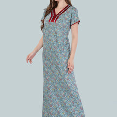 Be You Women Blue Printed Maxi Nightdress