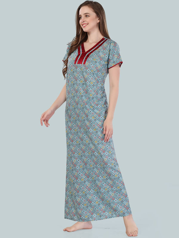 Be You Women Blue Printed Maxi Nightdress